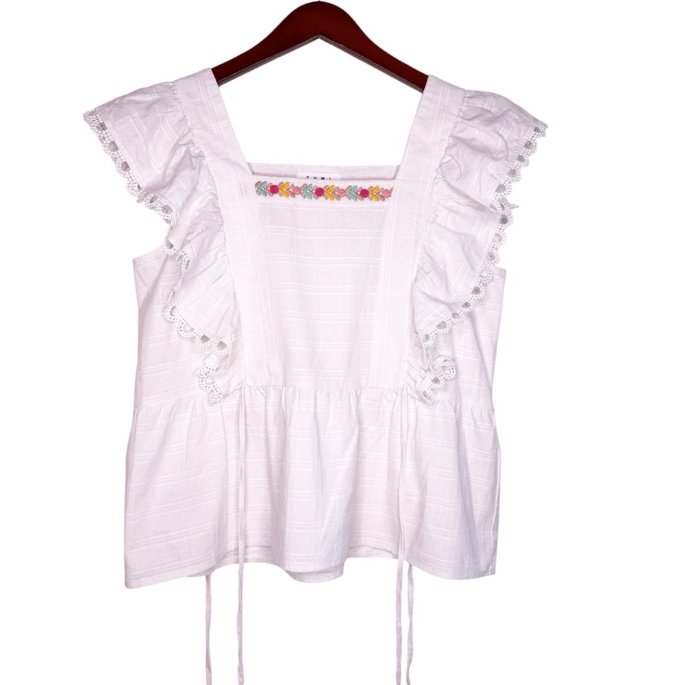 THML Embroidered Ruffle Sleeve Tie Top in White Size Large - Picture 7 of 11